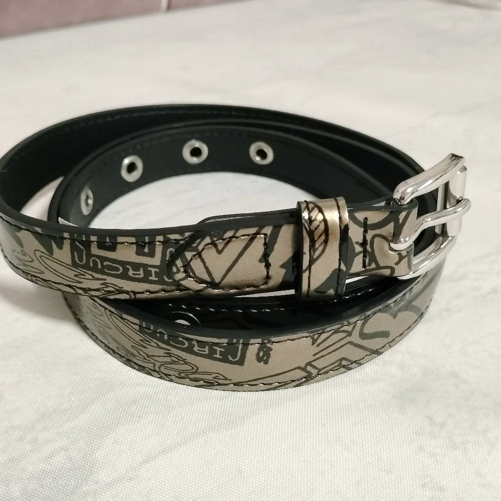 Steve Madden Circus Women Sz Large Belt Stylish Y2K Vegan Leather Gold Lettering
